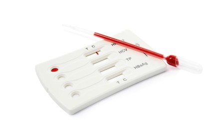 Disposable express hepatitis test kit on white background