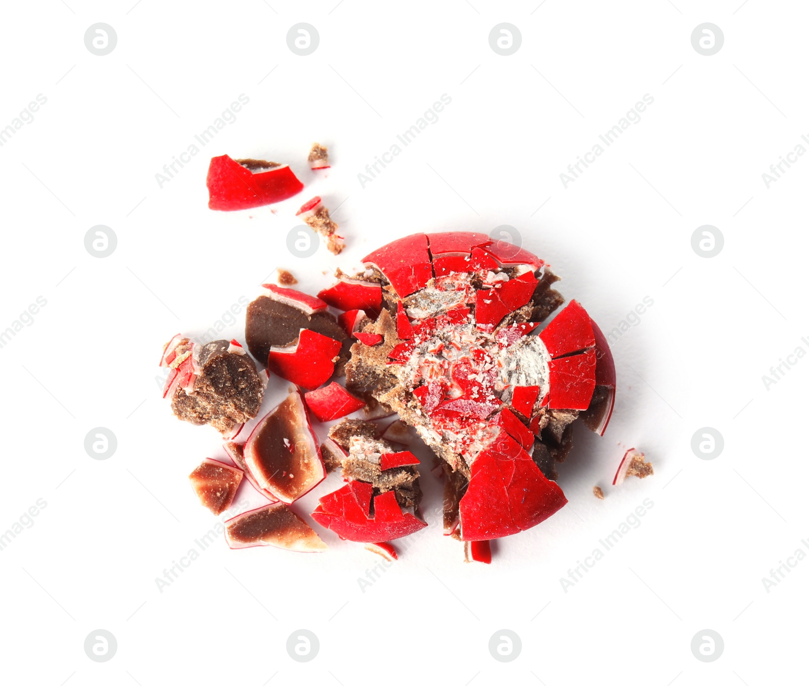Photo of Crushed candy on white background, top view