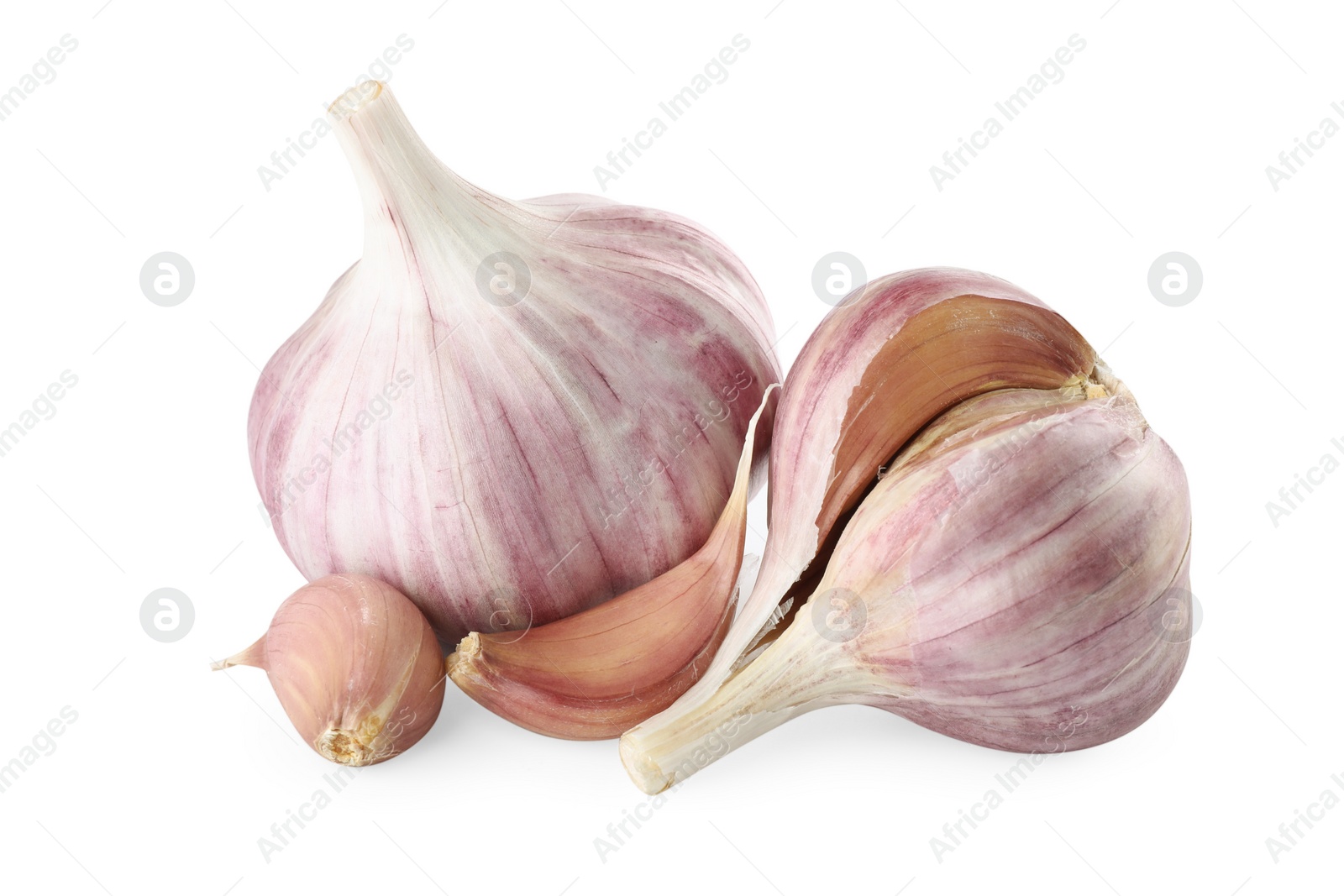 Photo of Heads of fresh garlic and cloves isolated on white