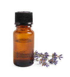 Photo of Bottle of essential oil and lavender flowers on white background