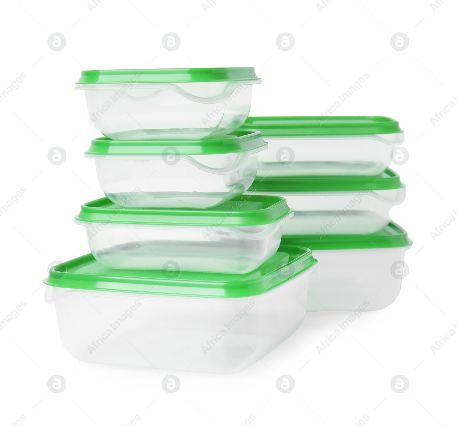 Photo of Empty plastic containers on white background. Food storage