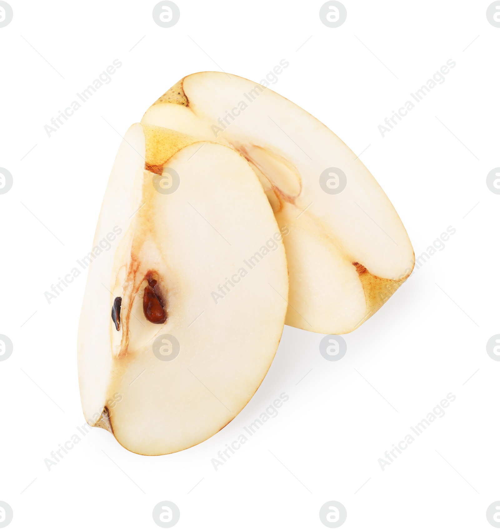 Photo of Slices of fresh apple pear isolated on white, top view