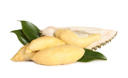 Photo of Fresh ripe durian pieces with green leaves on white background