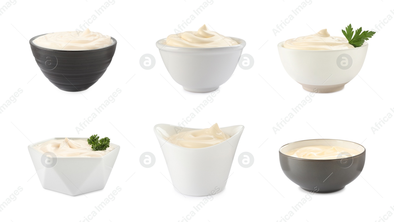 Image of Set with tasty mayonnaise on white background