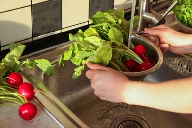 Woman washing fresh radishes in metal colander, closeup