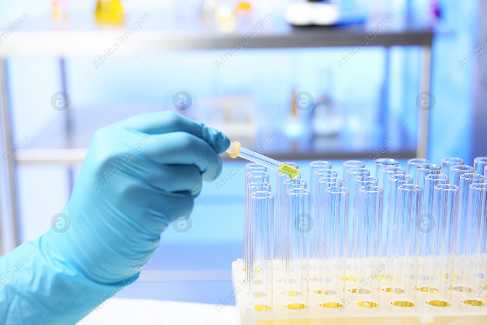 Photo of Laboratory assistant dripping urine sample for analysis from pipette into test tube, closeup