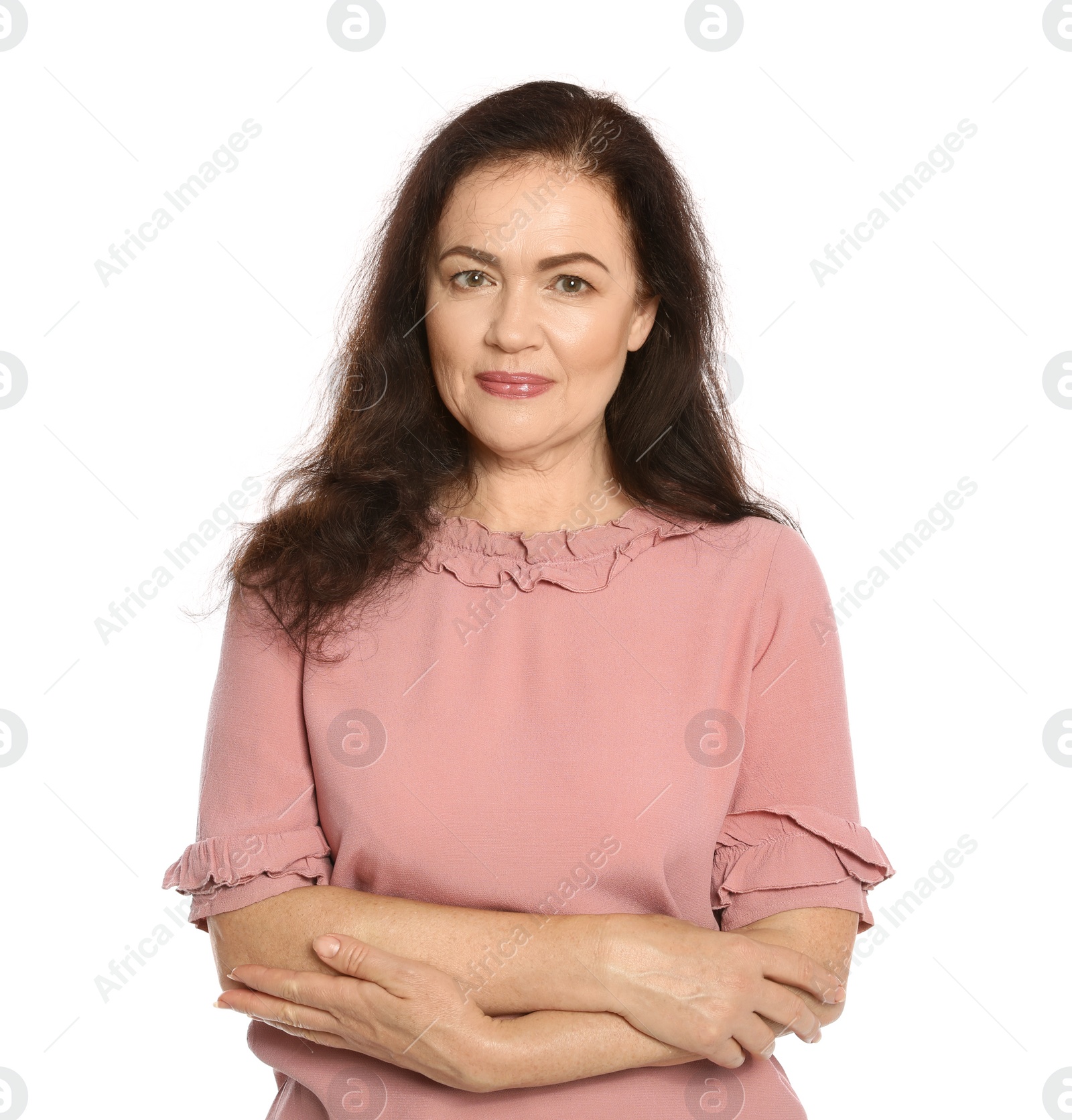 Photo of Portrait of mature woman with beautiful face on white background