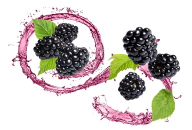 Image of Fresh blackberries and juice in air on white background