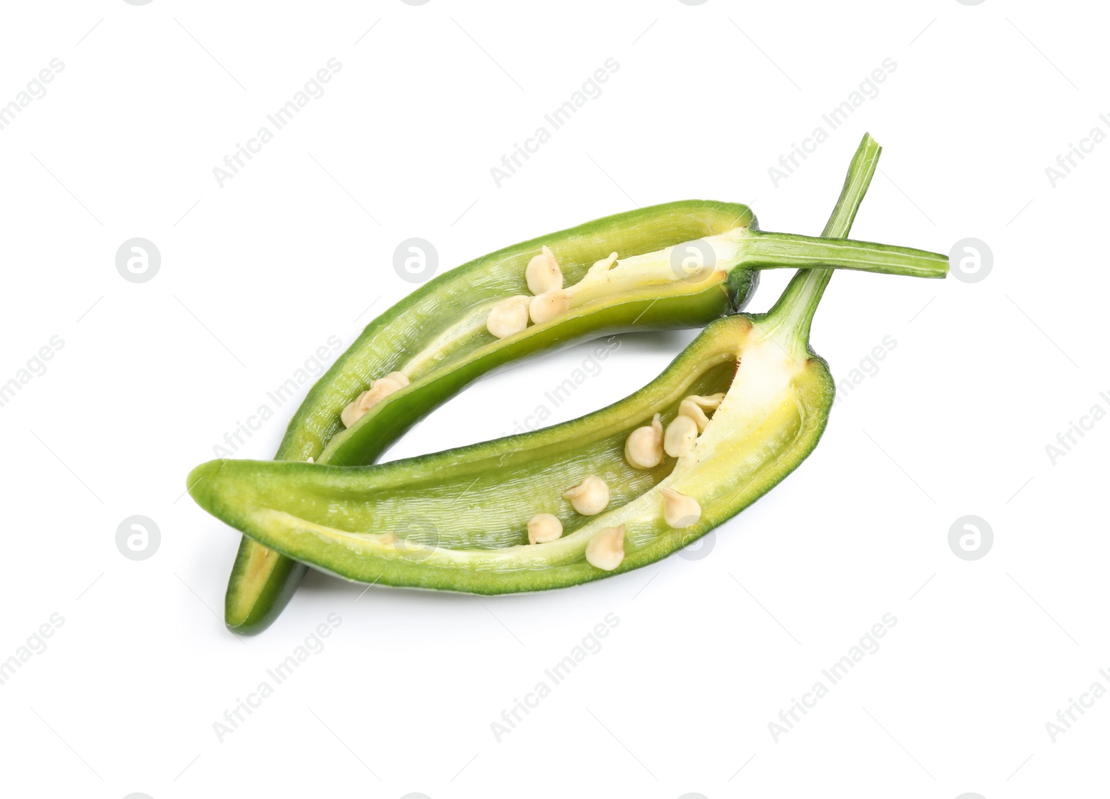 Photo of Cut green hot chili pepper on white background