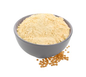 Photo of Lentil flour in grey bowl and seeds isolated on white