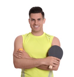 Handsome man with table tennis racket and ball on white background. Ping pong player