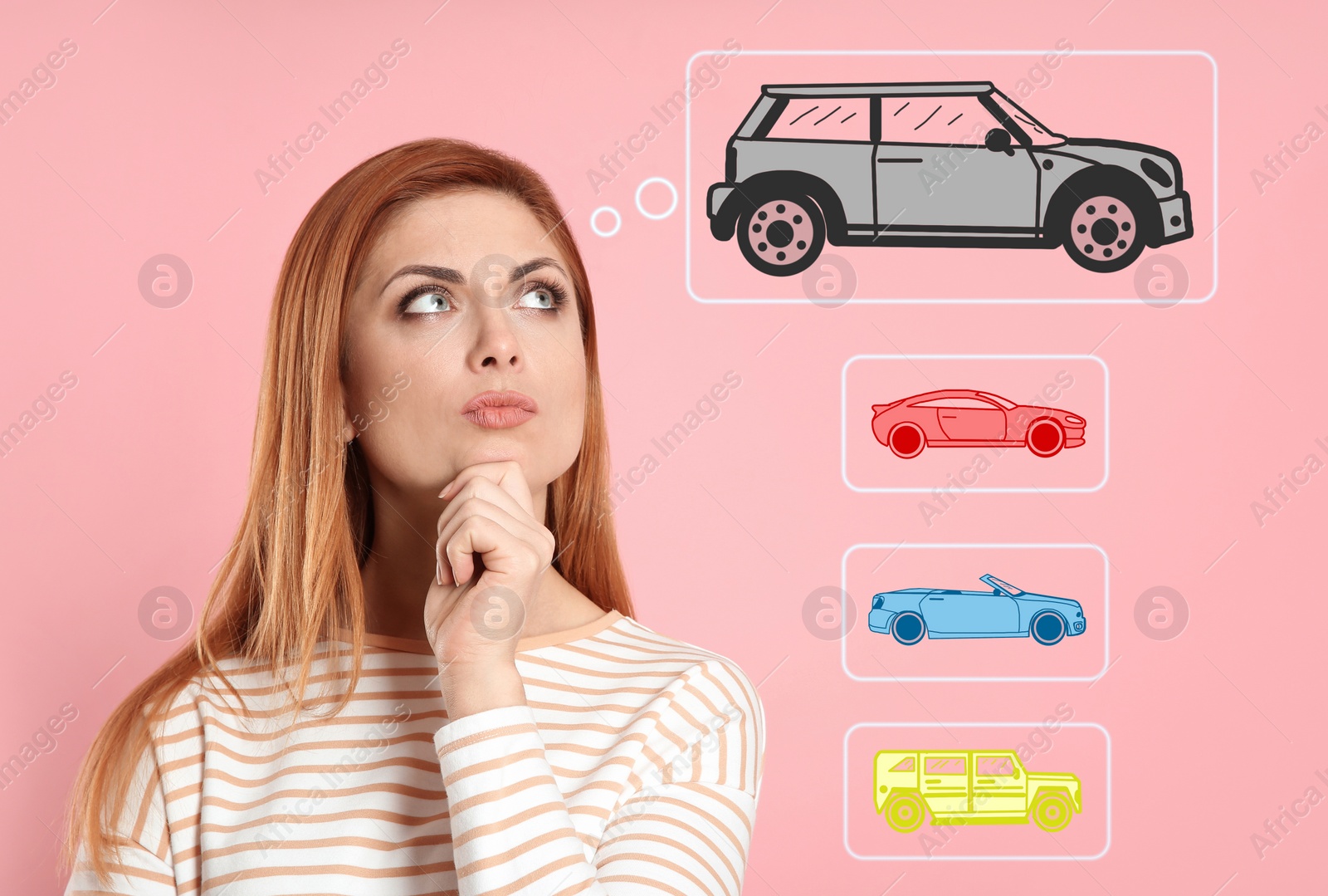Image of Car buying. Woman choosing auto on pink background