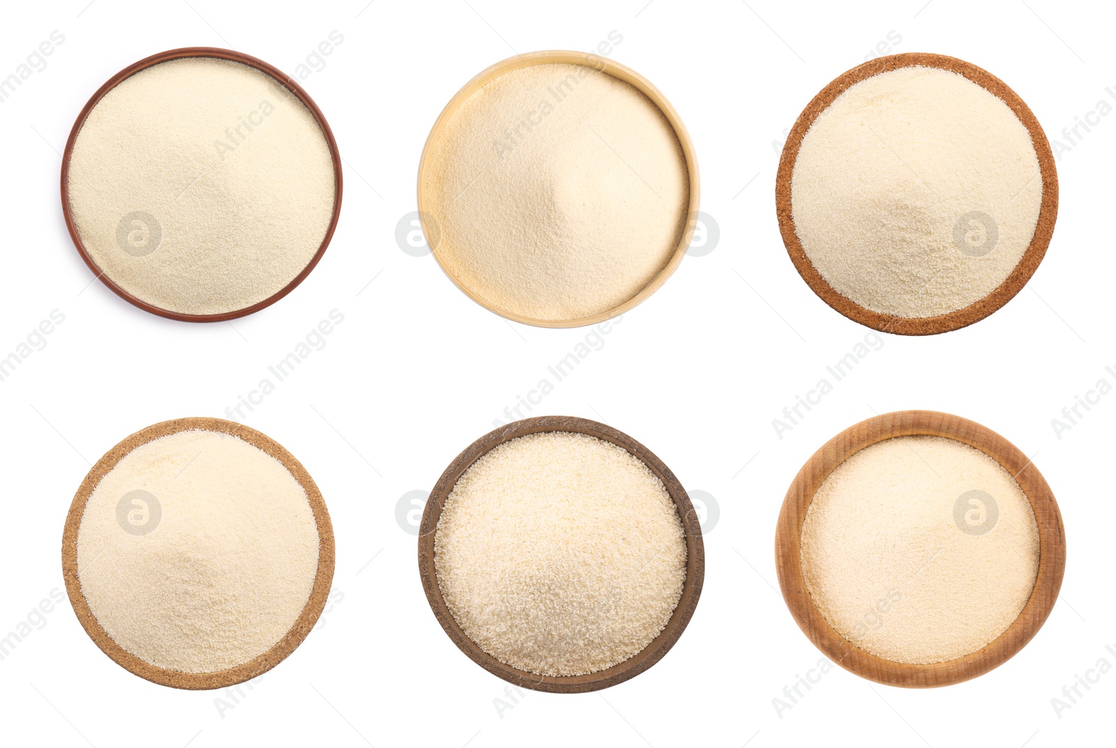 Image of Set with uncooked organic semolina on white background, top view