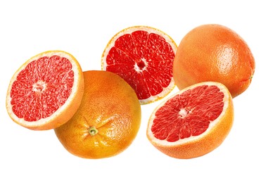 Image of Tasty ripe grapefruits falling on white background