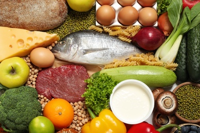 Photo of Different products as background, top view. Healthy food and balanced diet