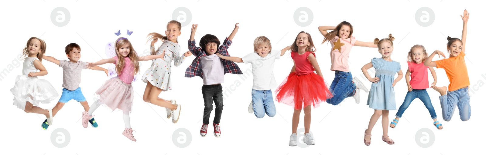 Image of Group of children dancing on white background, set of photos