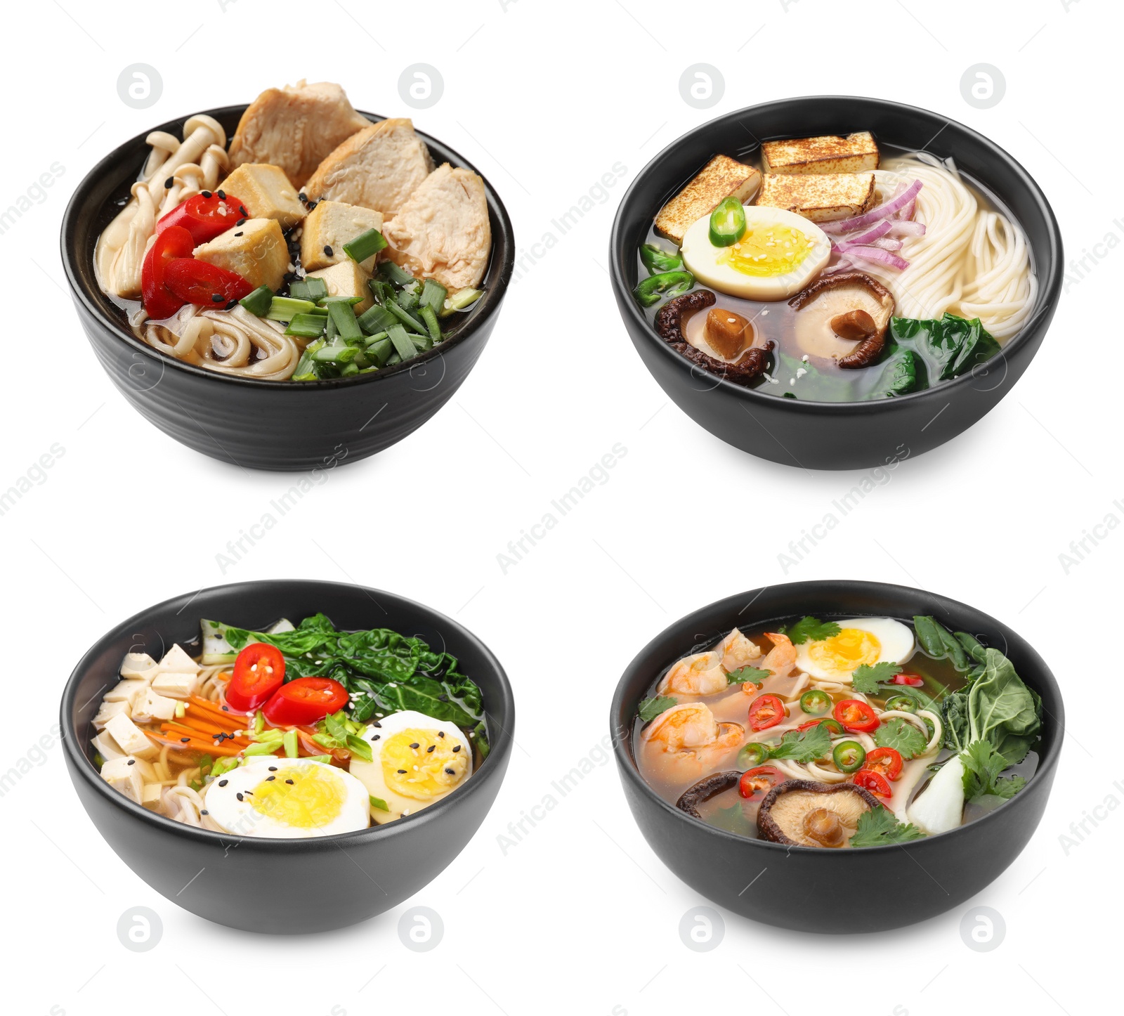 Image of Bowls of delicious ramen with different ingredients isolated on white, set. Noodle soup