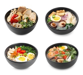 Image of Bowls of delicious ramen with different ingredients isolated on white, set. Noodle soup