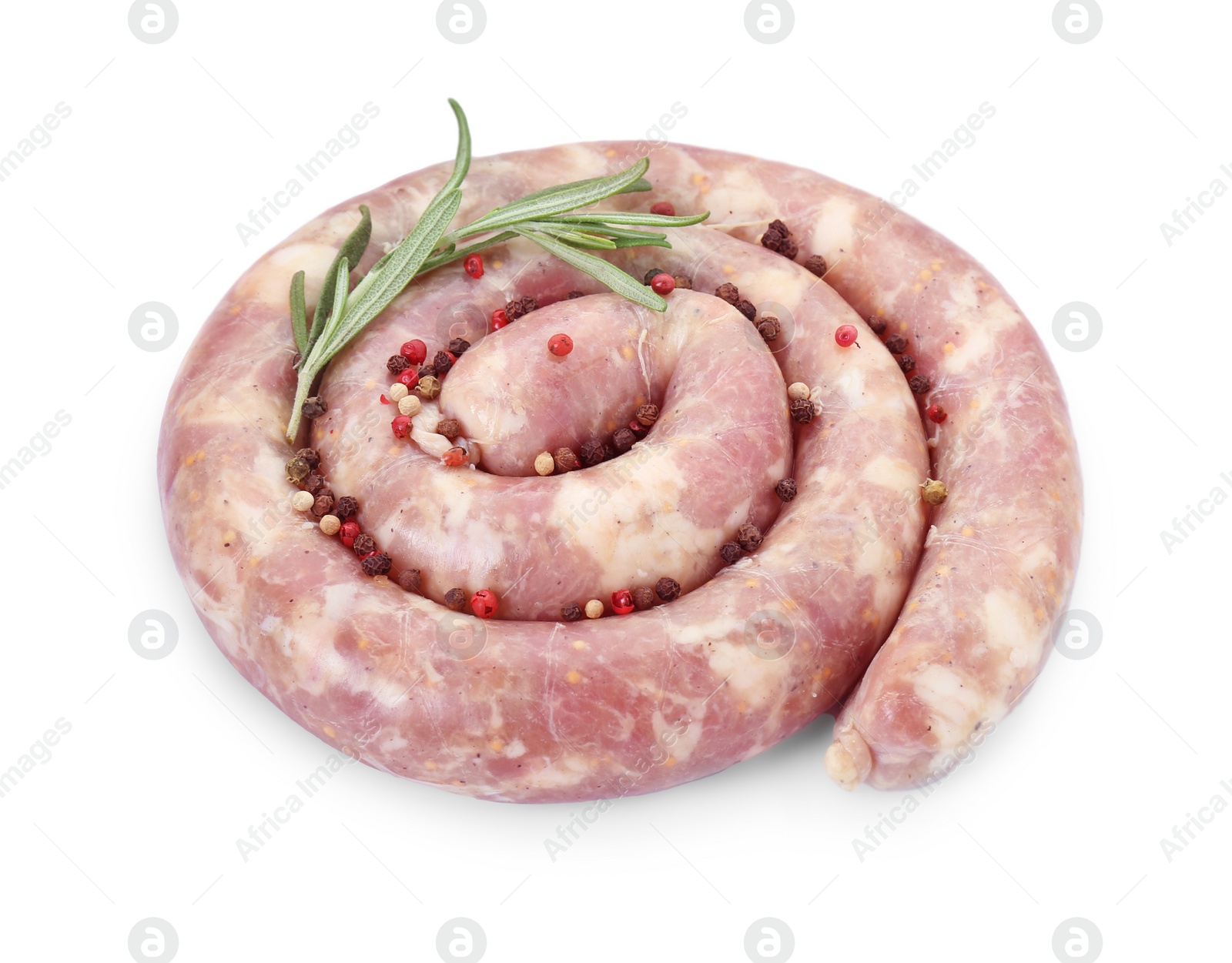 Photo of Homemade sausage, rosemary and spices isolated on white