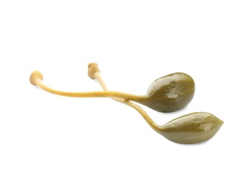 Photo of Two delicious pickled capers on white background