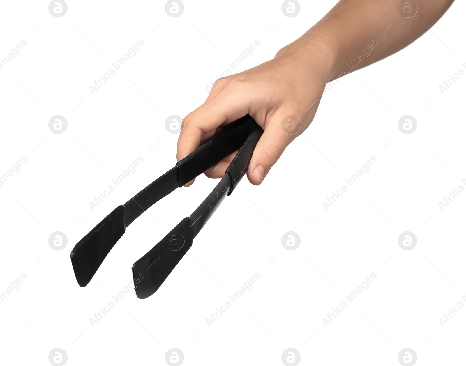 Photo of Woman holding tongs on white background. Kitchen utensils