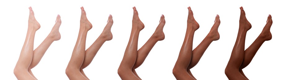 Image of Young woman with beautiful legs on white background, closeup. Banner collage showing stages of suntanning