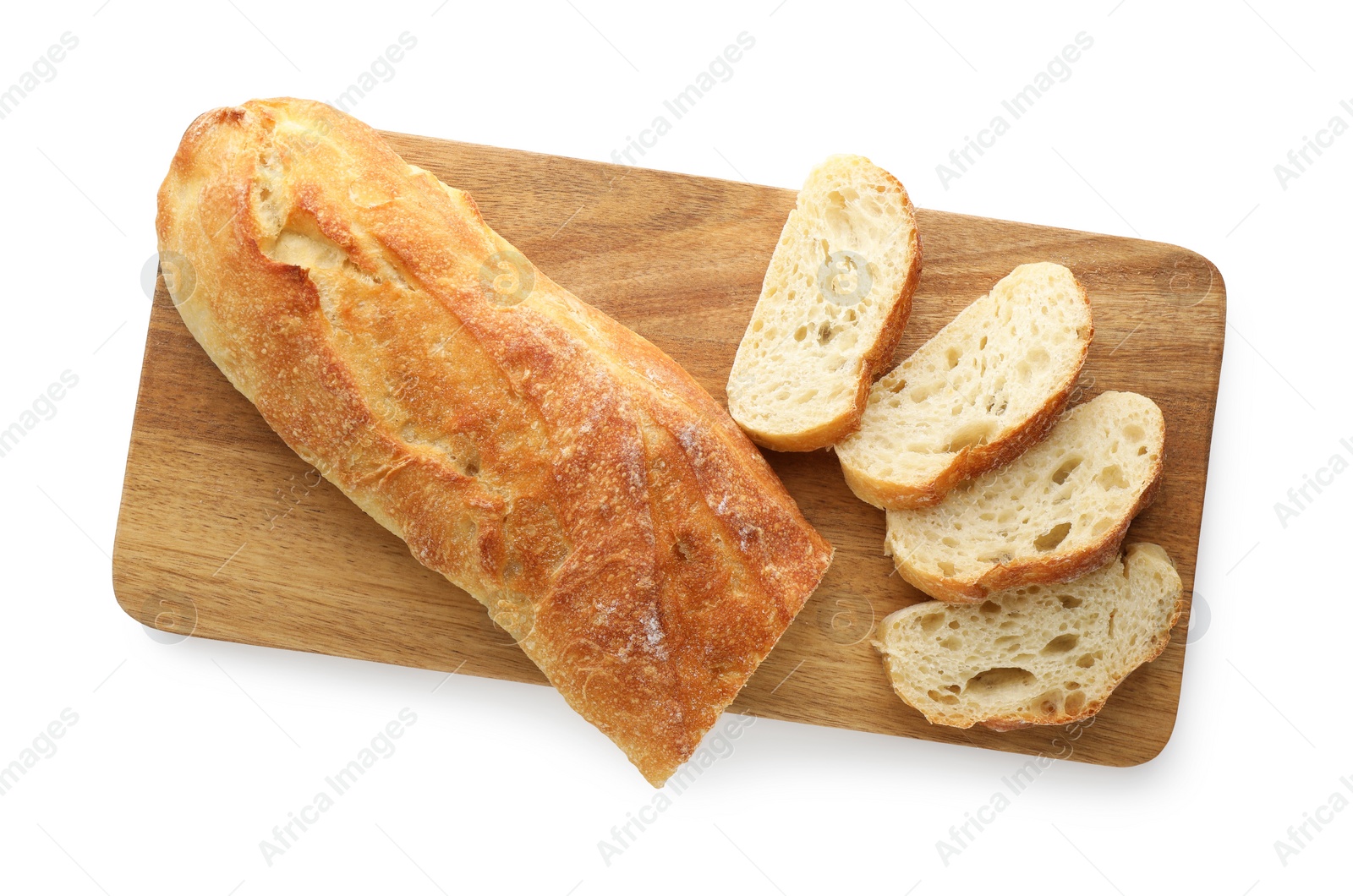 Photo of Wooden cutting board with fresh bread isolated on white, top view