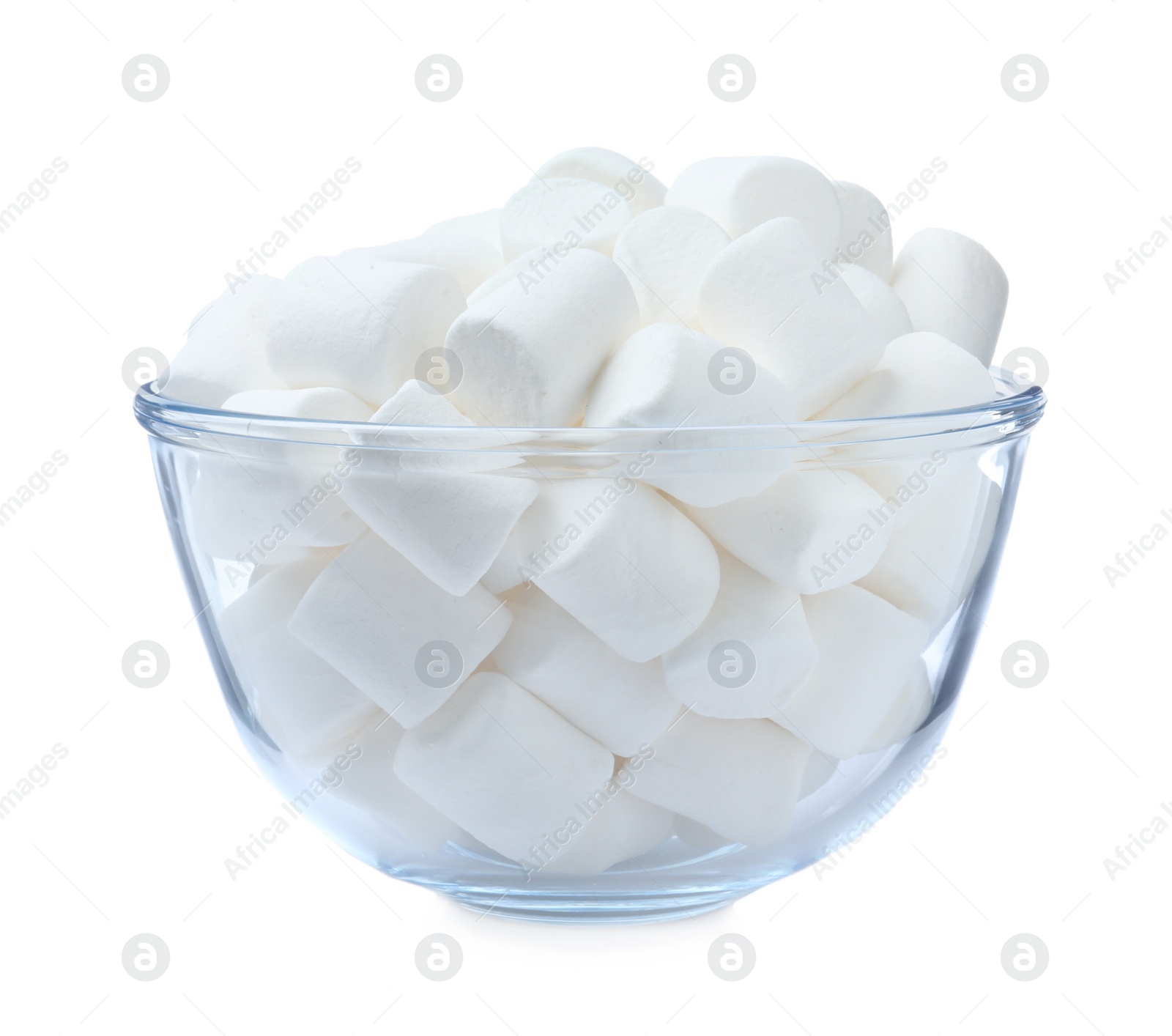 Photo of Delicious puffy marshmallows in glass bowl on white background