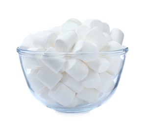 Delicious puffy marshmallows in glass bowl on white background