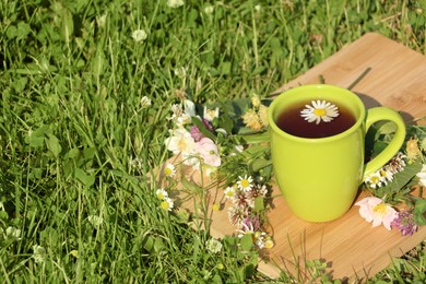 Green cup with tea, different wildflowers and herbs on wooden board in meadow. Space for text