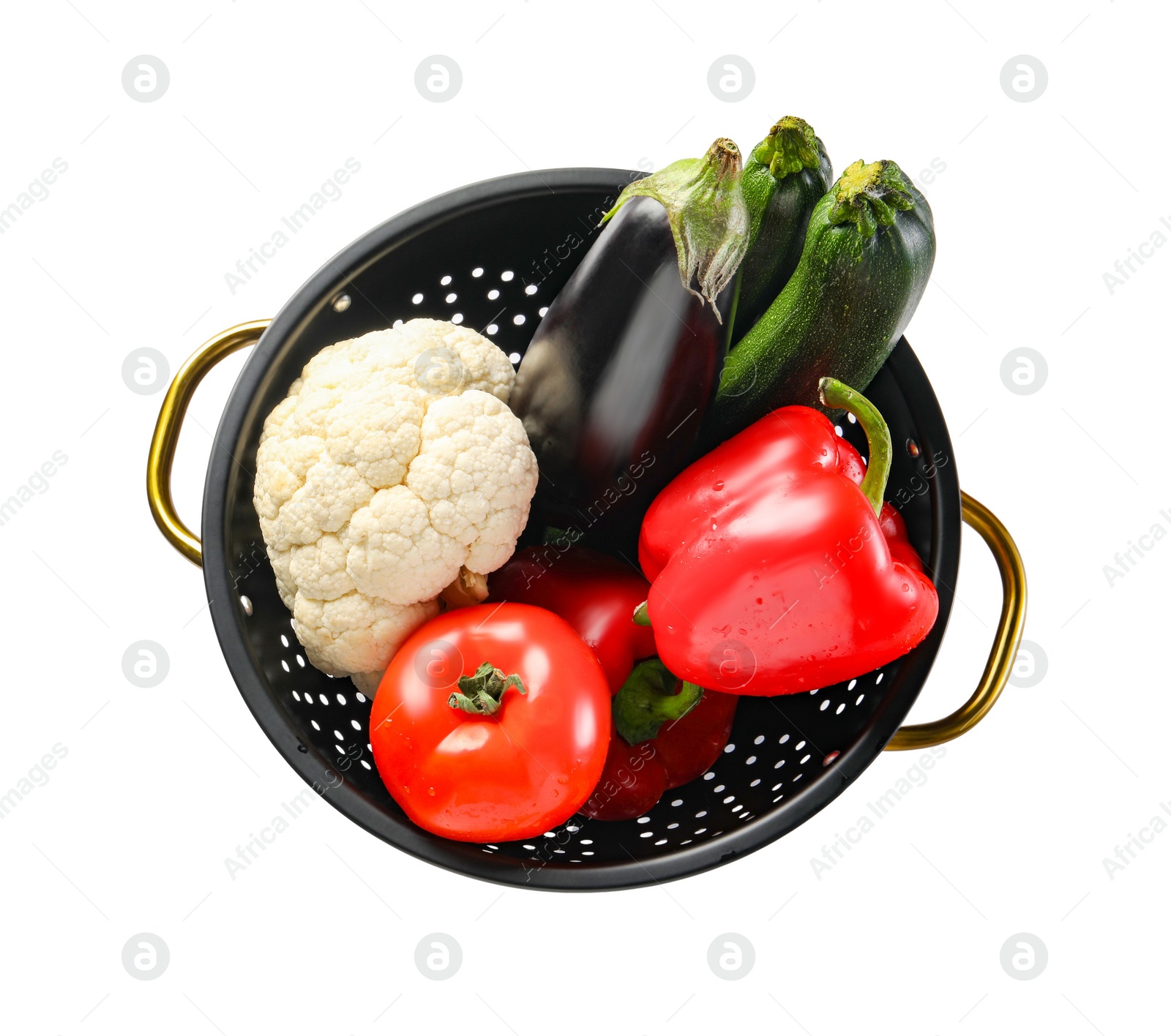 Photo of Colander with fresh vegetables isolated on white, top view