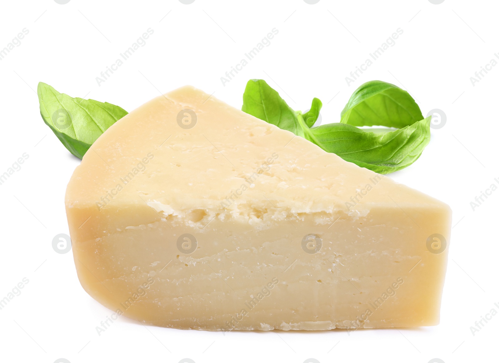 Image of Delicious parmesan cheese and basil on white background