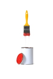 Photo of Open paint can and brush isolated on white