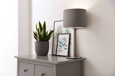 Grey chest of drawers in stylish room interior