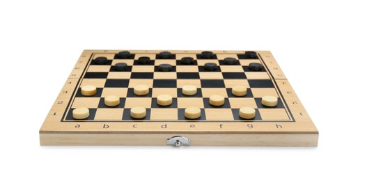 Photo of Wooden checkerboard with game pieces isolated on white