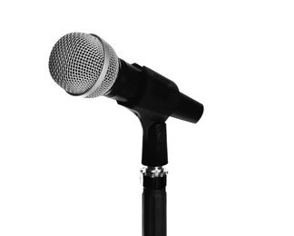 Stand with modern microphone on white background