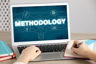 Image of Methodology concept. Woman writing in notebook and using modern laptop at table indoors, closeup