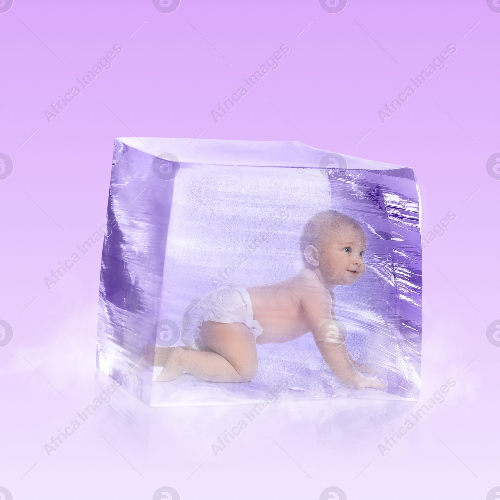 Image of Cryopreservation as method of infertility treatment. Baby in ice cube on violet background