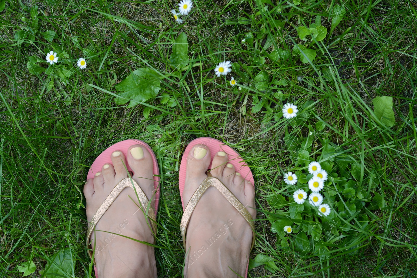 Photo of Woman wearing stylish flip flops on green grass outdoors, top view