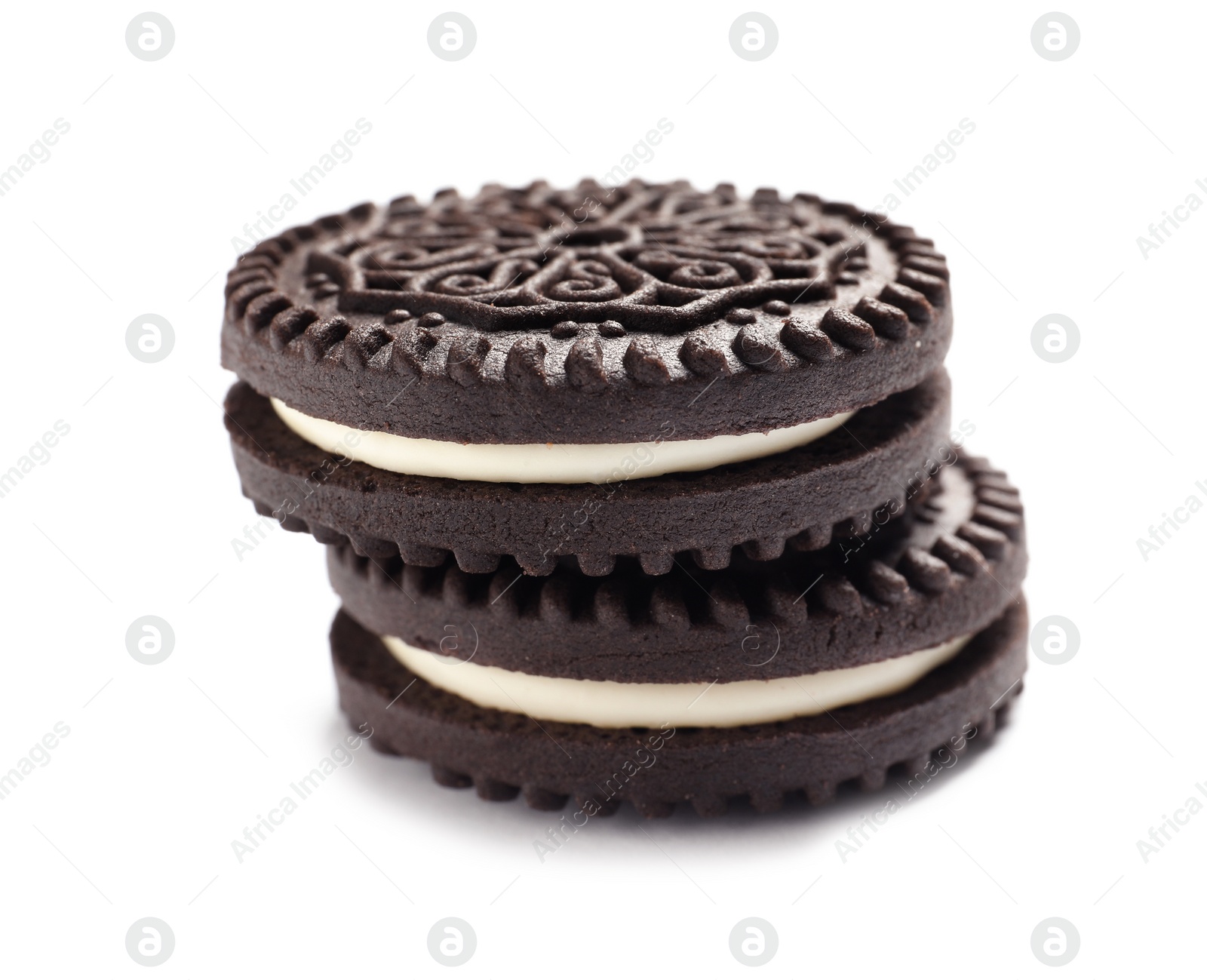 Photo of Tasty chocolate cookies with cream on white background