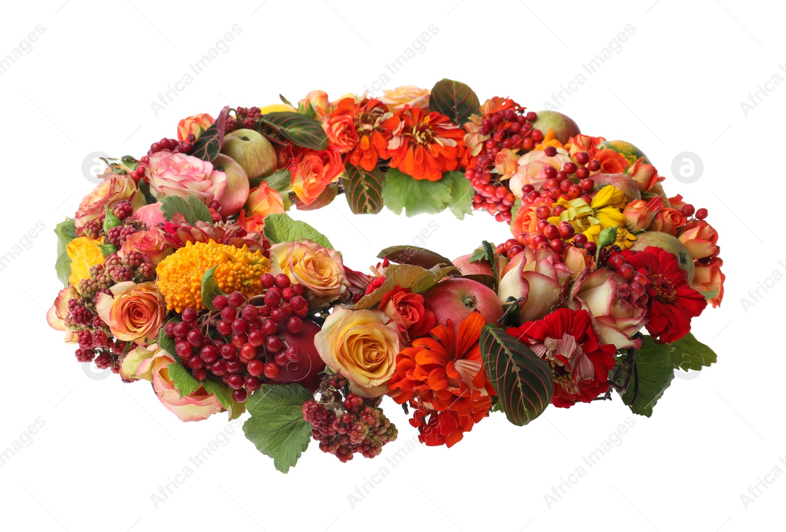 Photo of Beautiful autumnal wreath with flowers, berries and fruits isolated on white