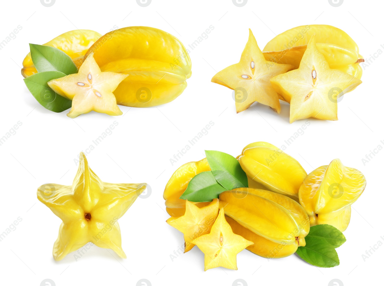 Image of Set with delicious ripe carambola fruits on white background