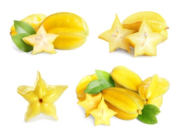 Set with delicious ripe carambola fruits on white background