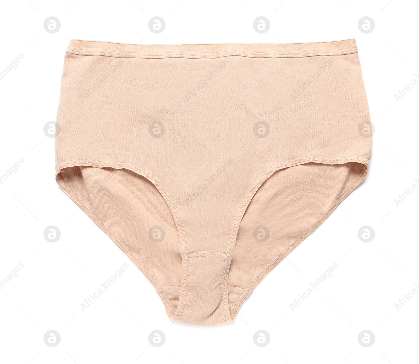 Photo of Comfortable beige women's underwear isolated on white, top view