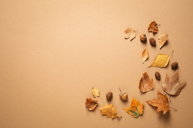 Flat lay composition with autumn leaves on brown background. Space for text