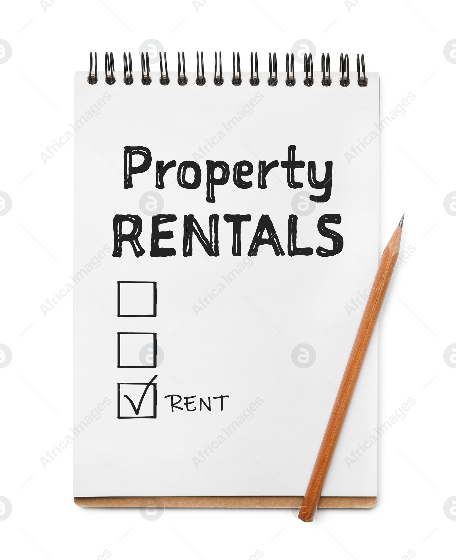 Image of Notebook with text Property Rentals, check mark and boxes on white background