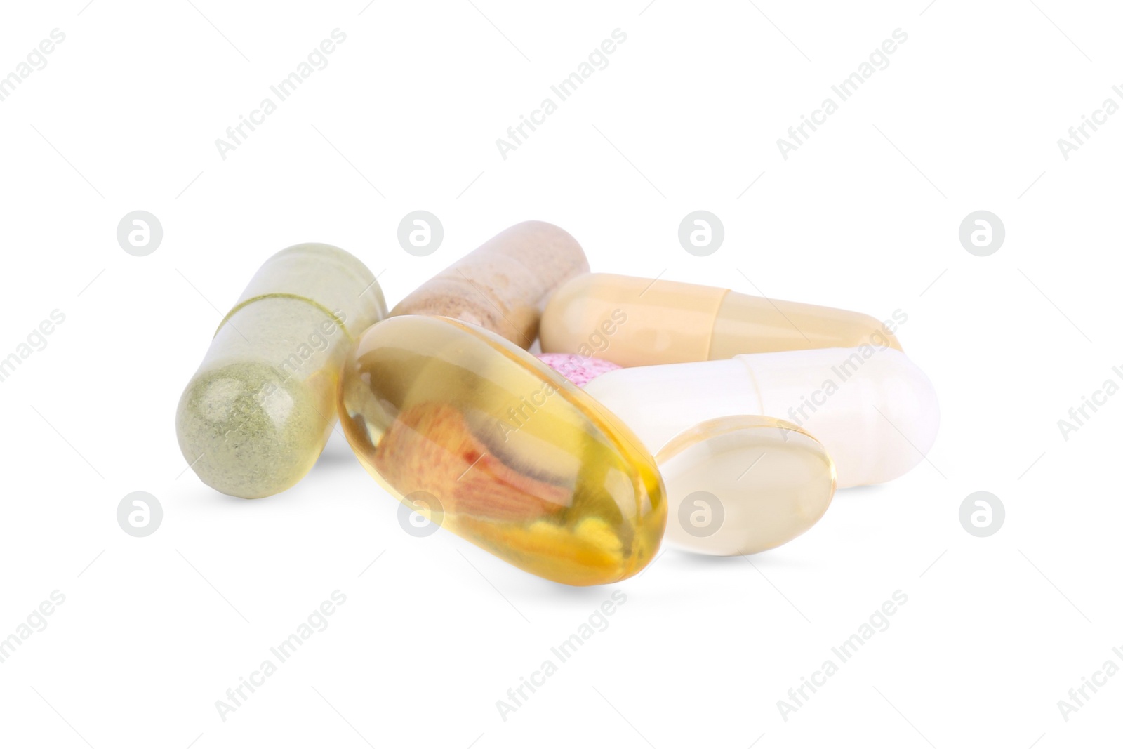 Photo of Many different vitamin pills isolated on white