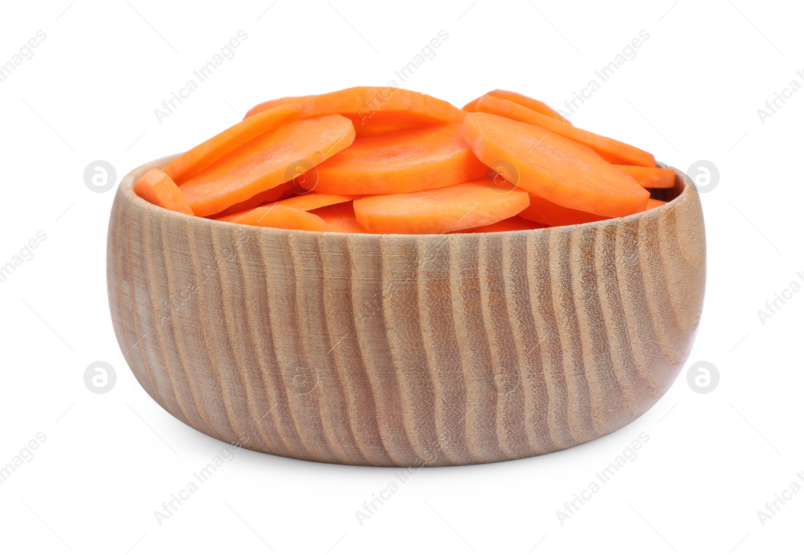Photo of Bowl with tasty cut carrots isolated on white