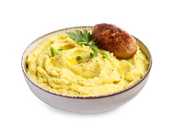 Photo of Bowl of tasty mashed potatoes with parsley, black pepper and cutlet on white background