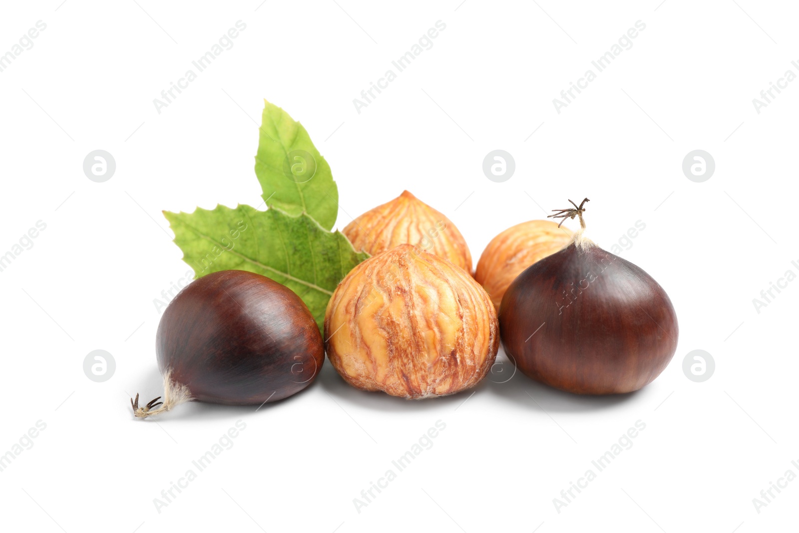 Photo of Fresh sweet edible chestnuts on white background
